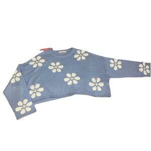 Moon & Madison Oversized Crop Daisy Sweater Size M Pastel Blue Beachy